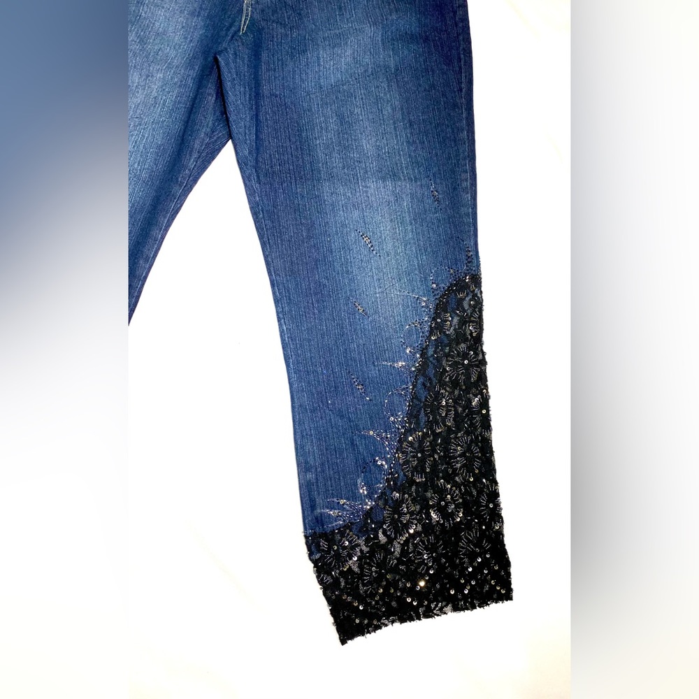 Embellished deep blue denim jeans Sequin Black Lace Embroidered Capri - Picture 5 of 13